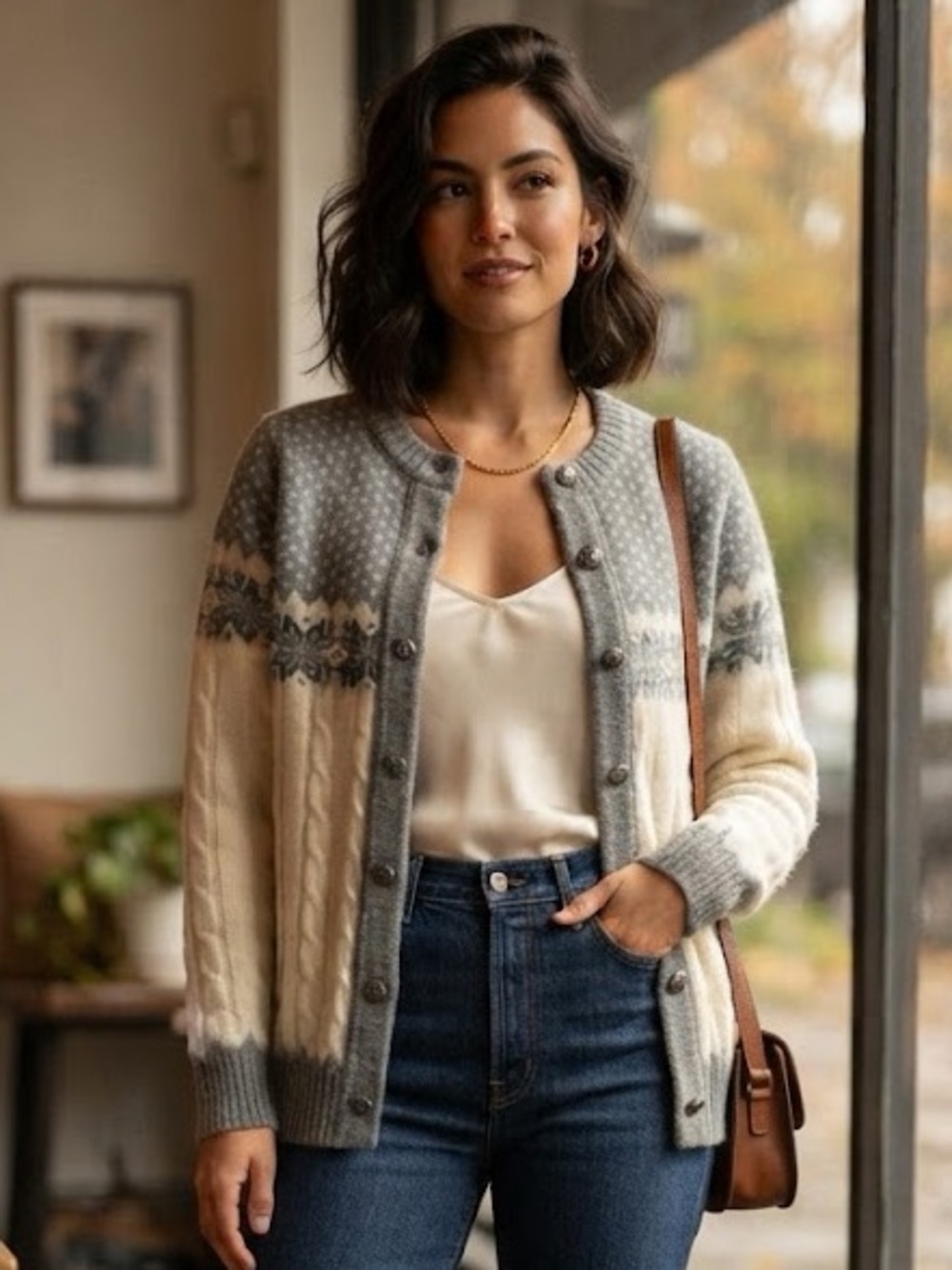Randolph Hall Vintage Nordic Style Cardigan Off White Grey Small Medium